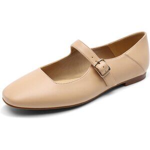 Dream Pairs Women's Nude Faux Leather Square Toe Buckle Strap Ballet Flats